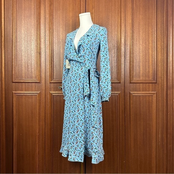 Little Moon Blue Elm Floral Wrap Midi Wrap Women Longsleeves Ruffle Dress Sz XXS - Picture 4 of 16